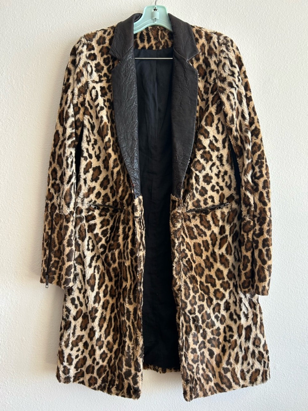Elizabeth and James Leopard Print Coat Faux Fur Leather Collar Small Zippers